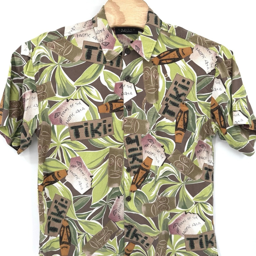 Cactus Black Label‎ Button Down Shirt Mens L Green Tiki Tropical Short Sleeve